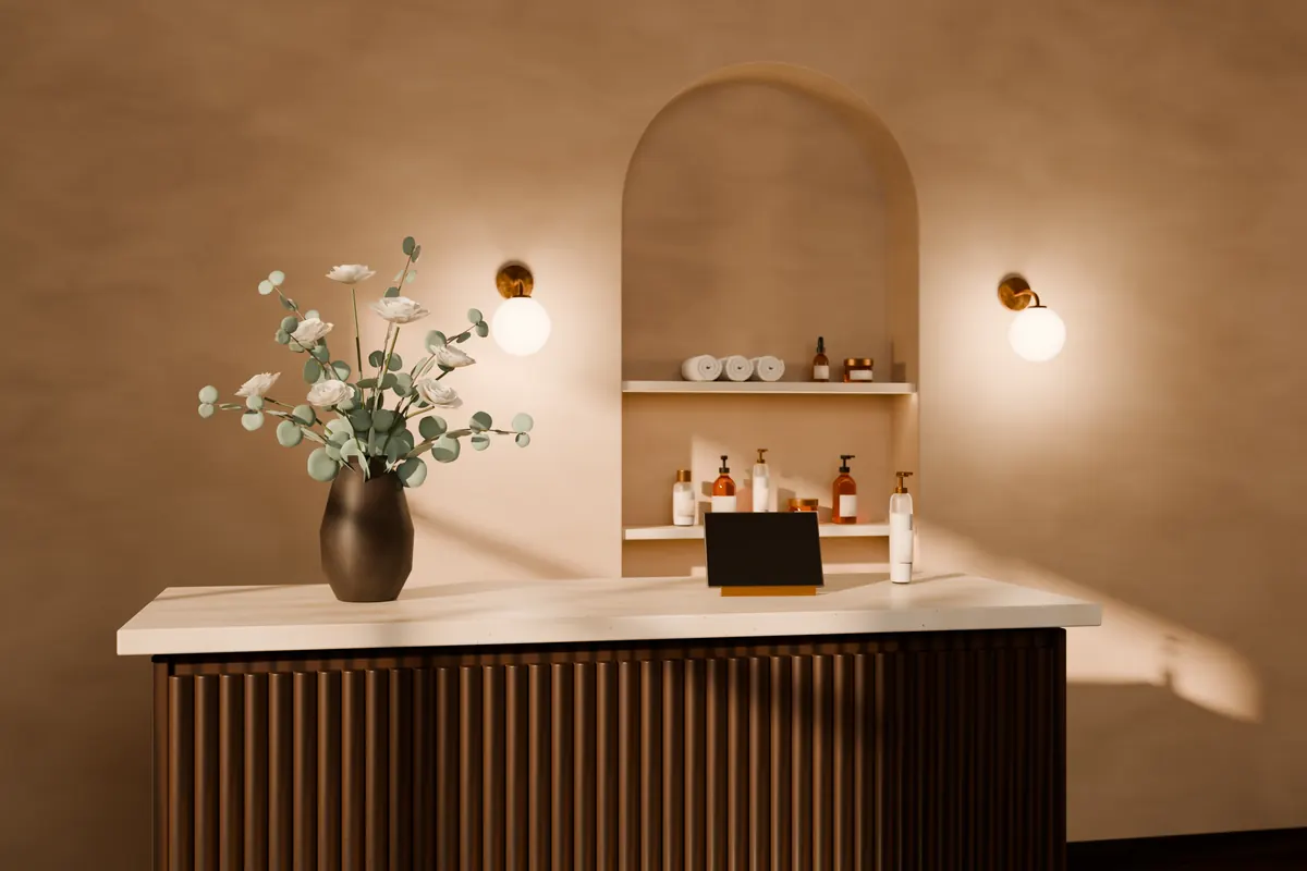 The reception desk with flowers in a vase and a tablet with a blank screen